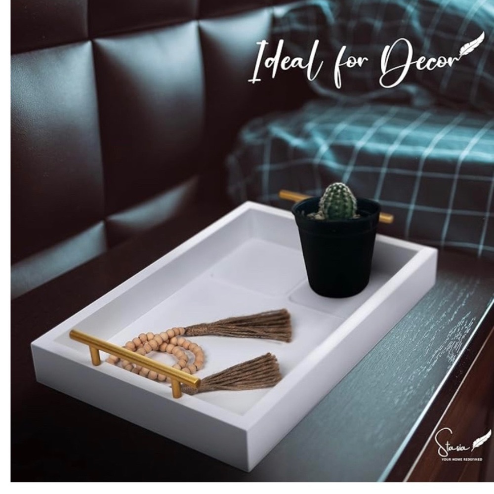 🆕 White Serving Tray, with Gold Handles, Set Includes Beads Garland, & Coasters